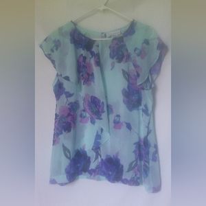 Liz Claiborne Womens Summer Top Size L Color Blue Pink Purple Aqua Floral Print